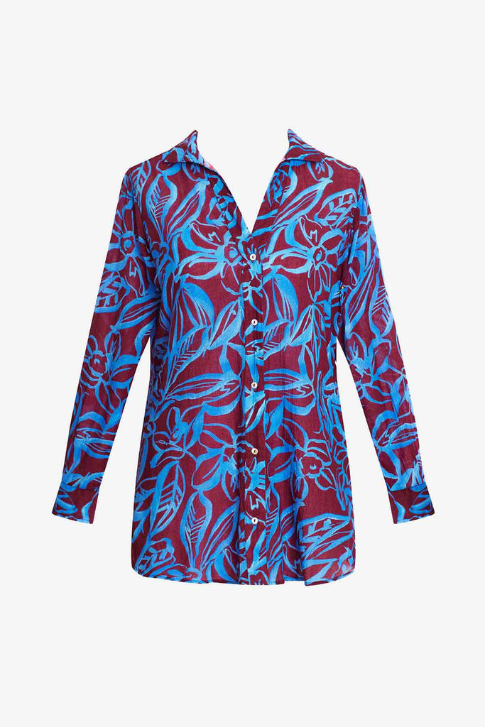 Button down long sleeve shirt with blue and brown abstract floral print